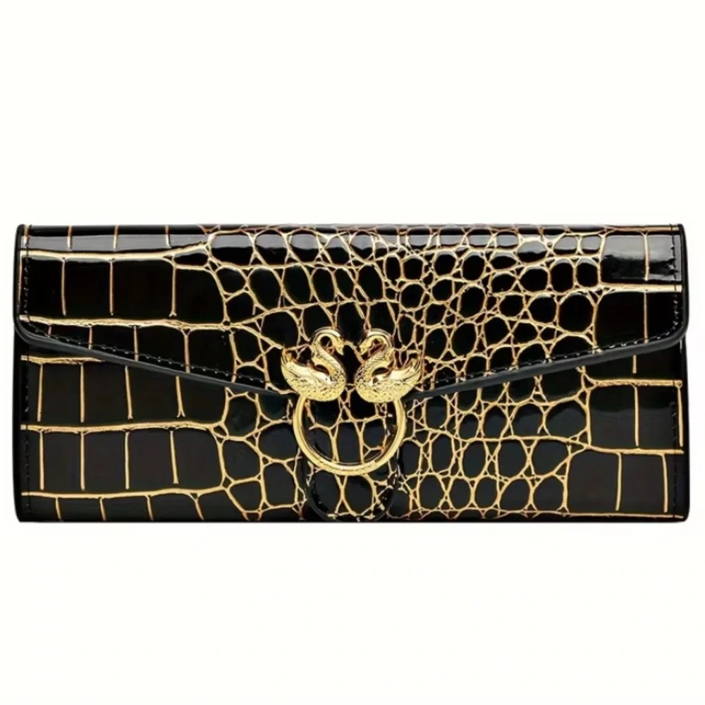 Elegant Black Women’s Crocodile Wallet with Gold Embossed Detail and Swan NWT - Picture 1 of 9